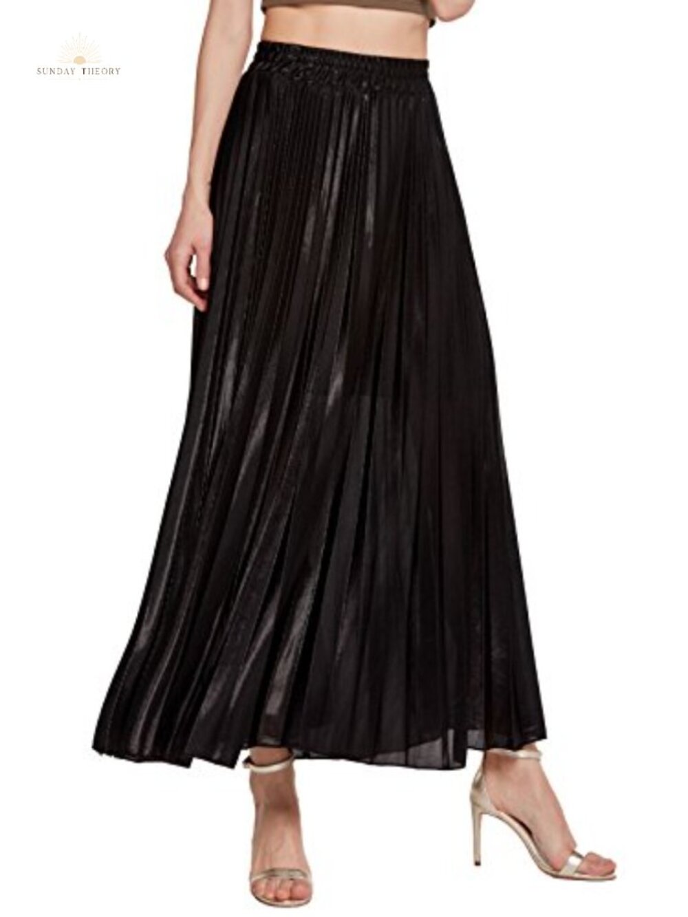 Metallic Shiny Accordion Pleated Flowy High Waisted Maxi Party Skirt